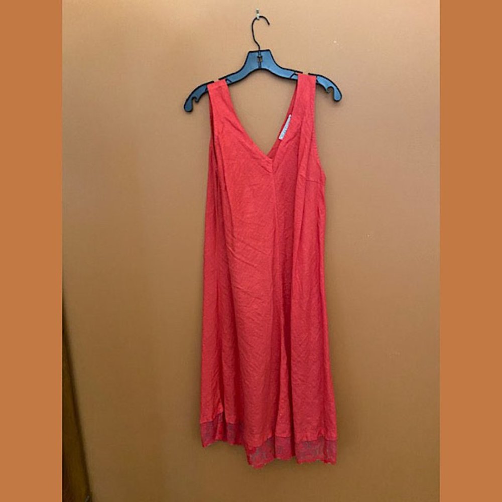 V-Neck Orange/Red Linen Dress Haris Cotton SZ L